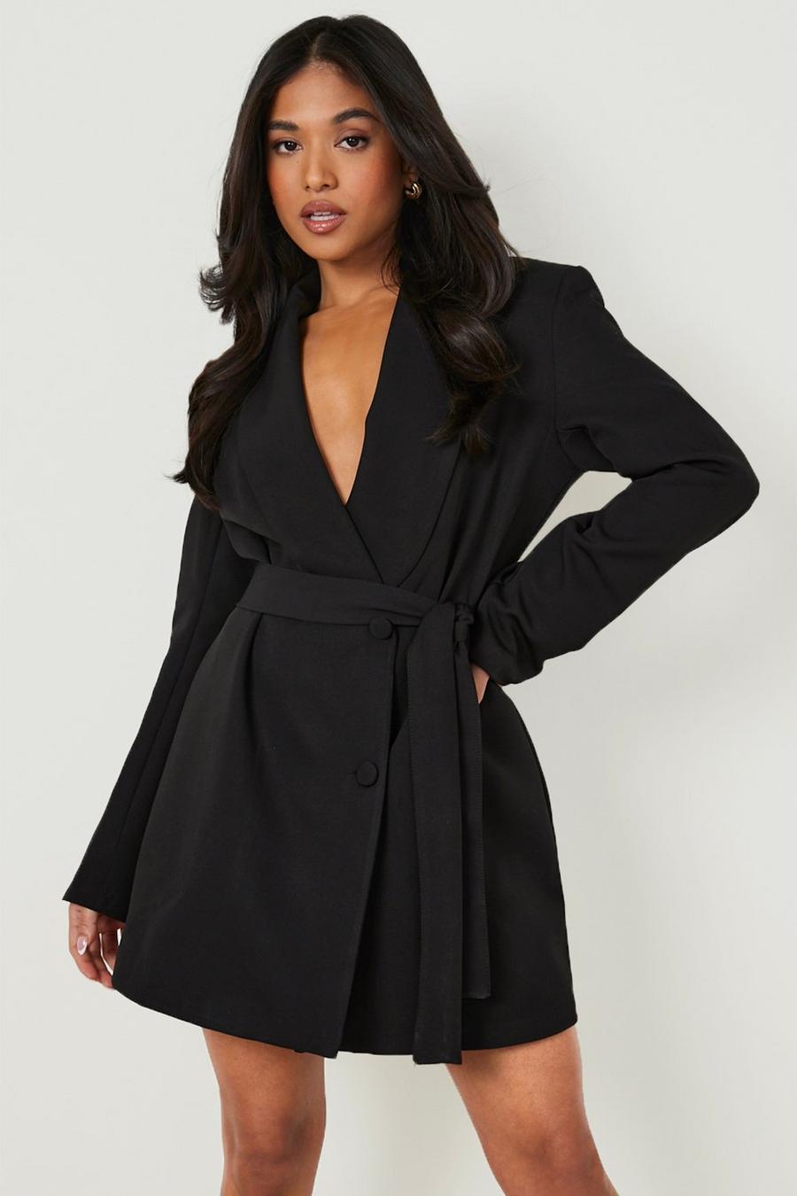 Black Petite Belted Wrap Blazer Dress image number 1