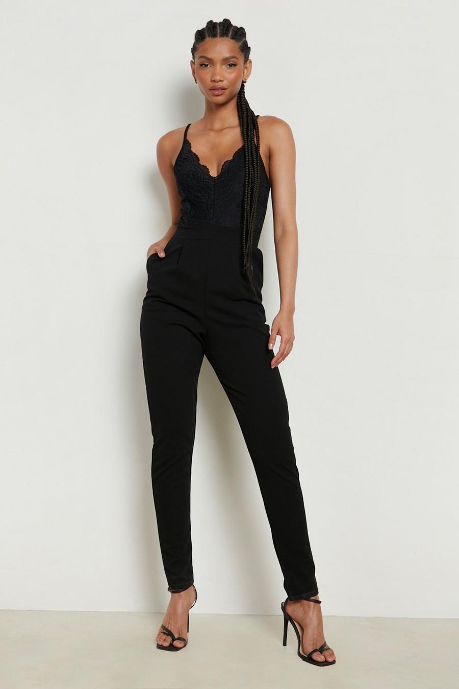 Black Tall Strappy Lace Tapered Leg Jumpsuit image number 1