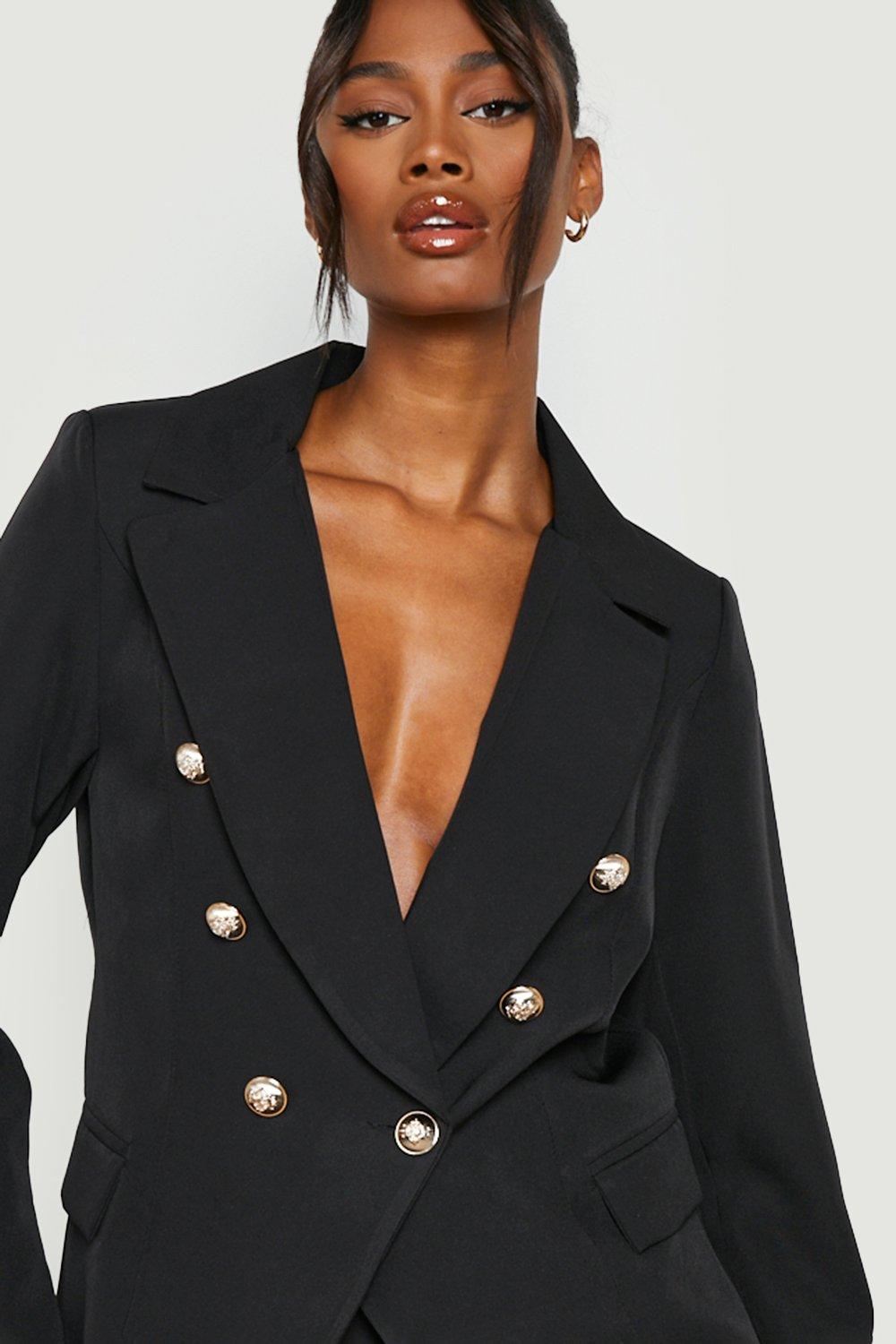 Black double breasted shop blazer with gold buttons