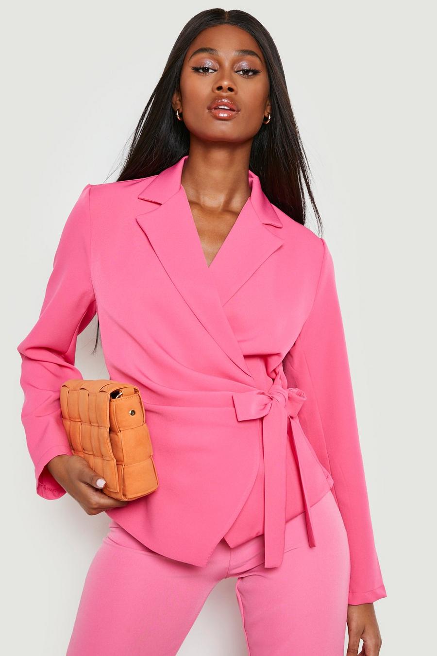 Blazer mit seitlicher Bindung und drapierter Front, Hot pink image number 1