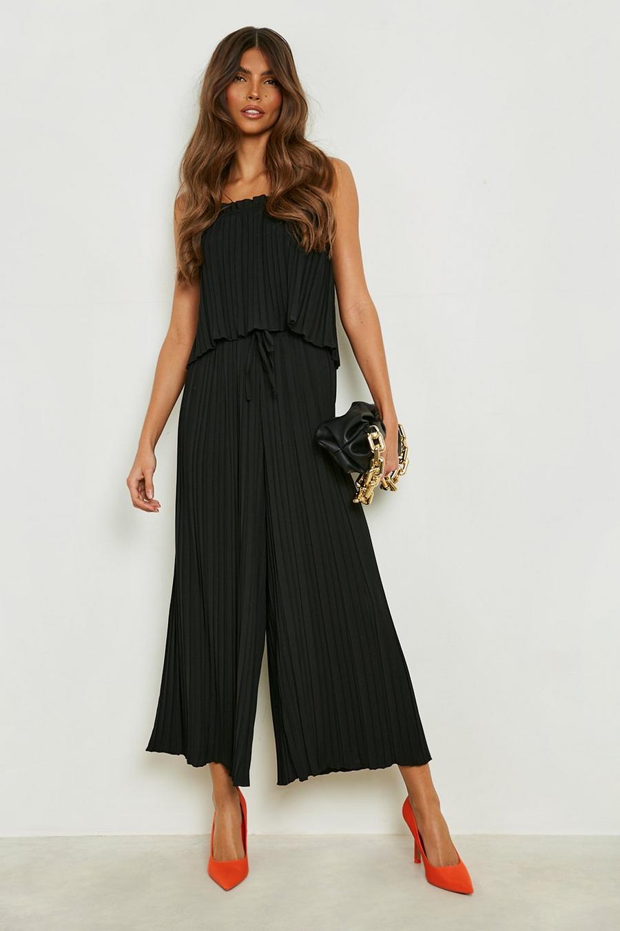 Black Woven Pleated Square Neck Cami & Culottes image number 1