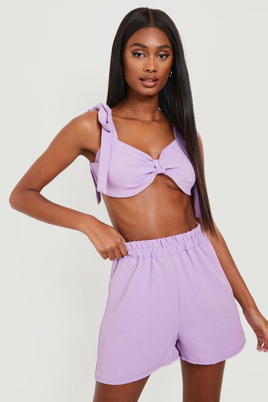 Lilac Textured Knot Bralette & Flippy Shorts  image number 1