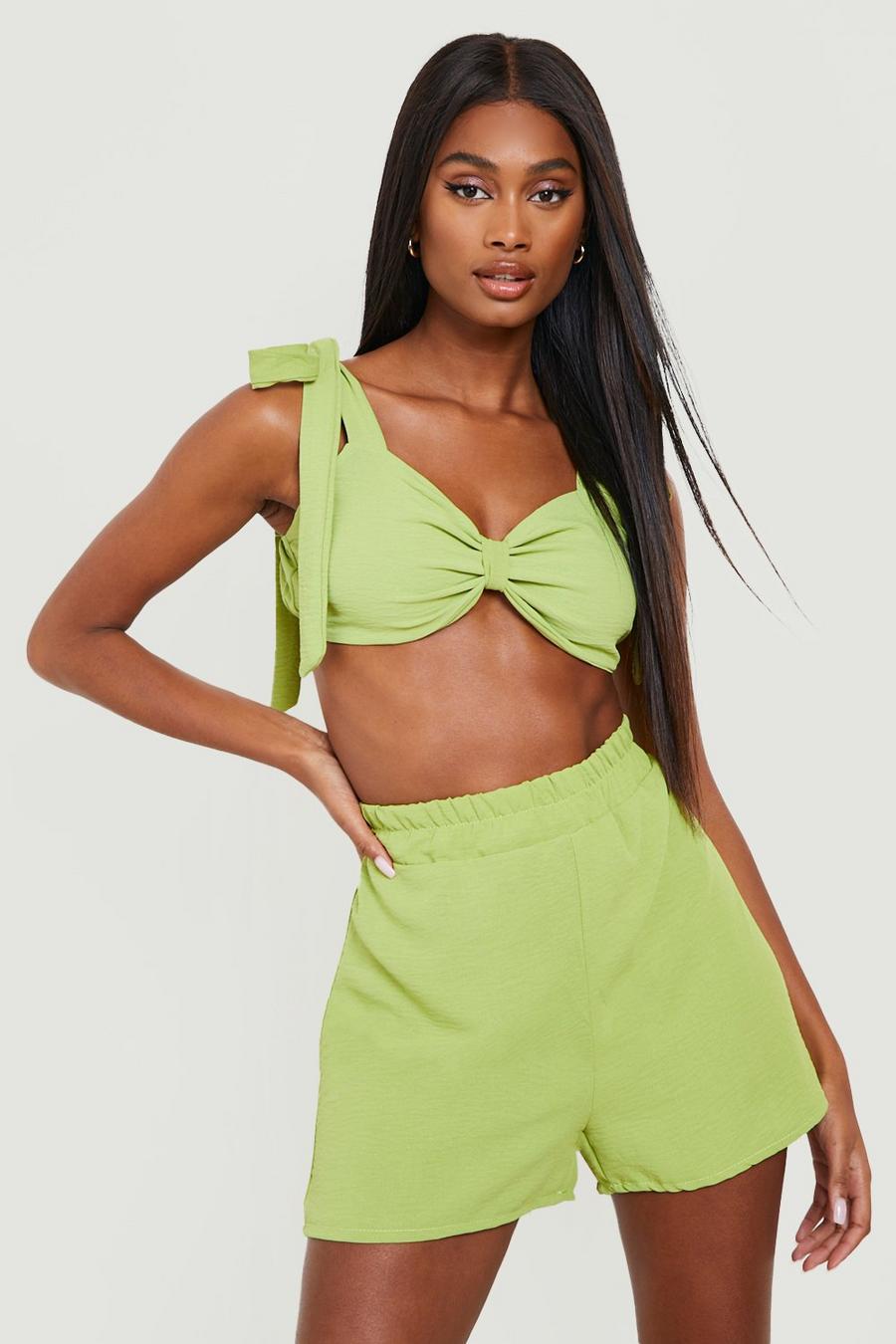 Lime Textured Knot Bralette & Flowy Shorts image number 1