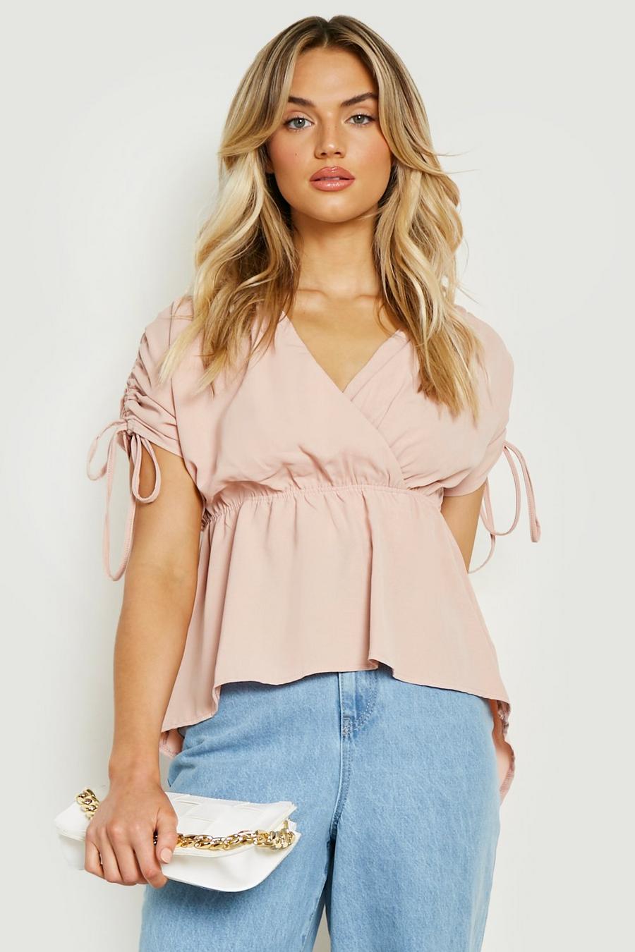 Nude Ruched Sleeve Wrap Front Shirt image number 1