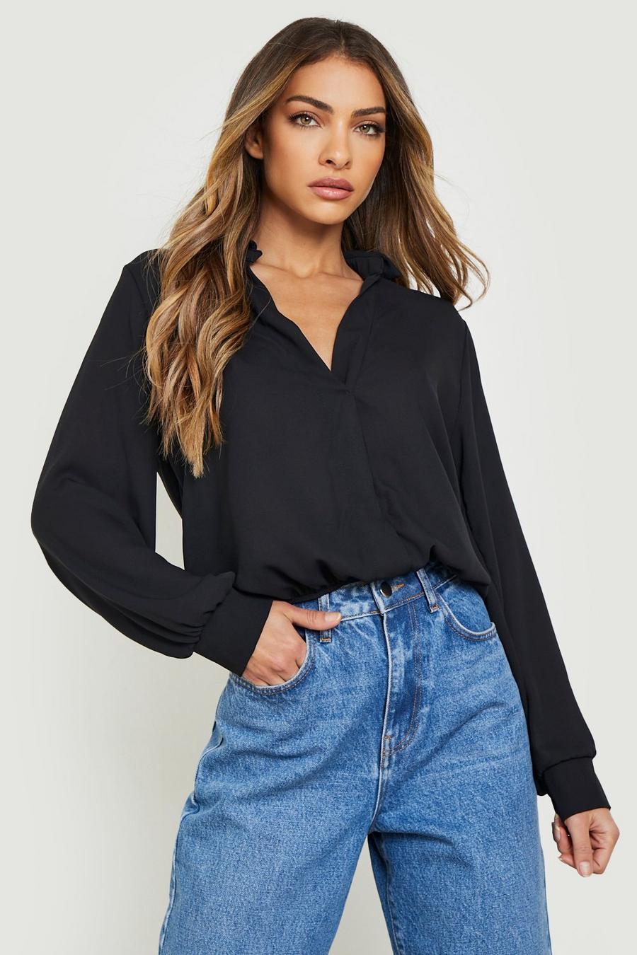 Black Volume Sleeve Relaxed Fit Blouse 