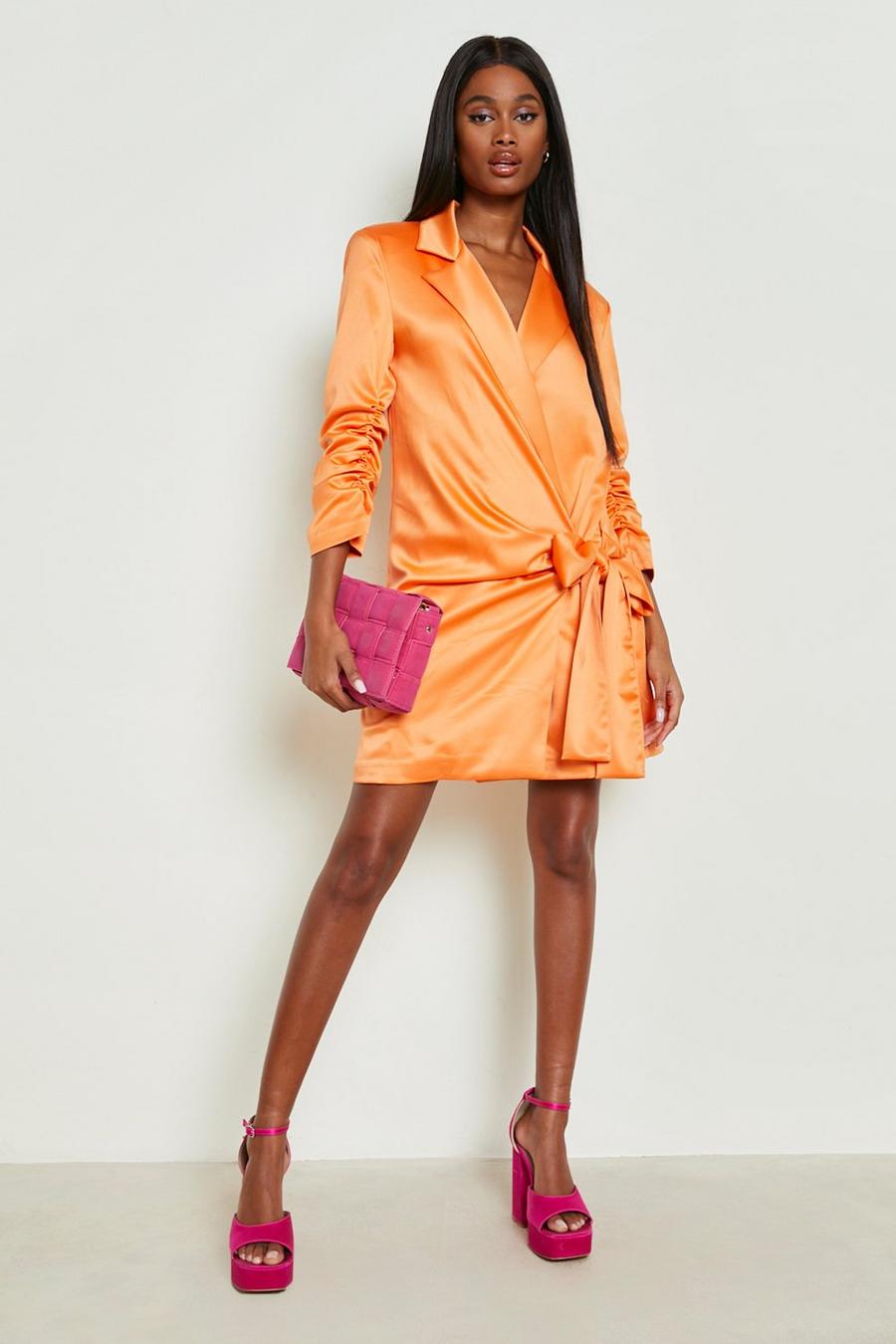 Orange Satin Drape Side Blazer Dress image number 1