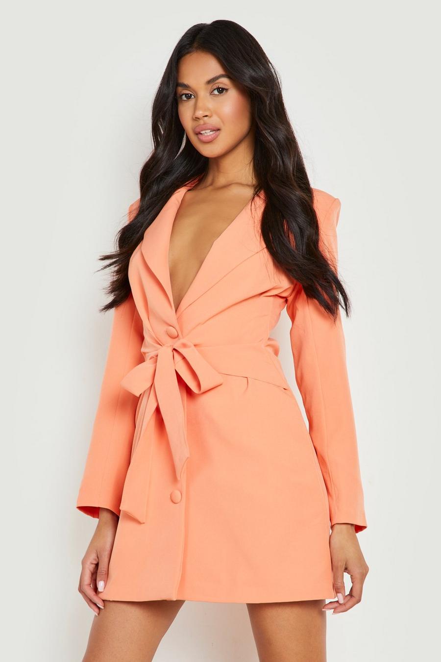 Blazer-Kleid mit Knopfleiste und Bindegürtel, Peach orange