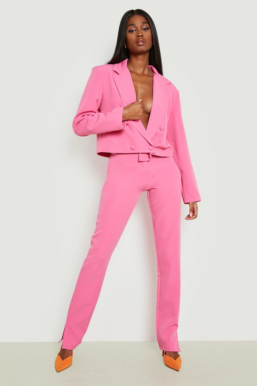 Bright pink rose Split Side Slim Fit Tailored Trousers image number 1