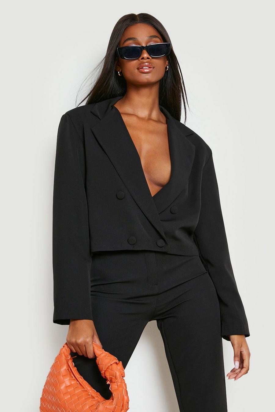 Black Cropped Double Breasted Tailored Blazer image number 1