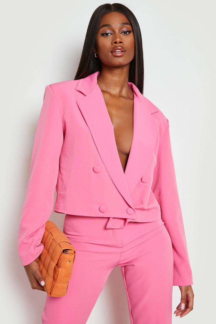 Bright pink Cropped Double Breasted Tailored Blazer image number 1