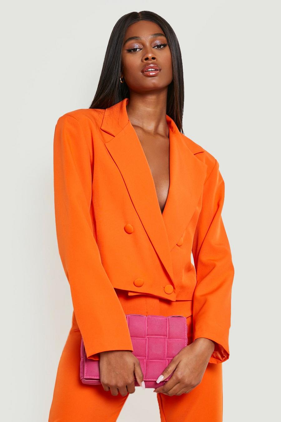 Orange Cropped Double Breasted Tailored Blazer