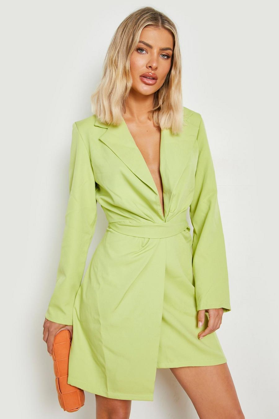 Lime green Plunge Twist Detail Tailored Blazer Dress