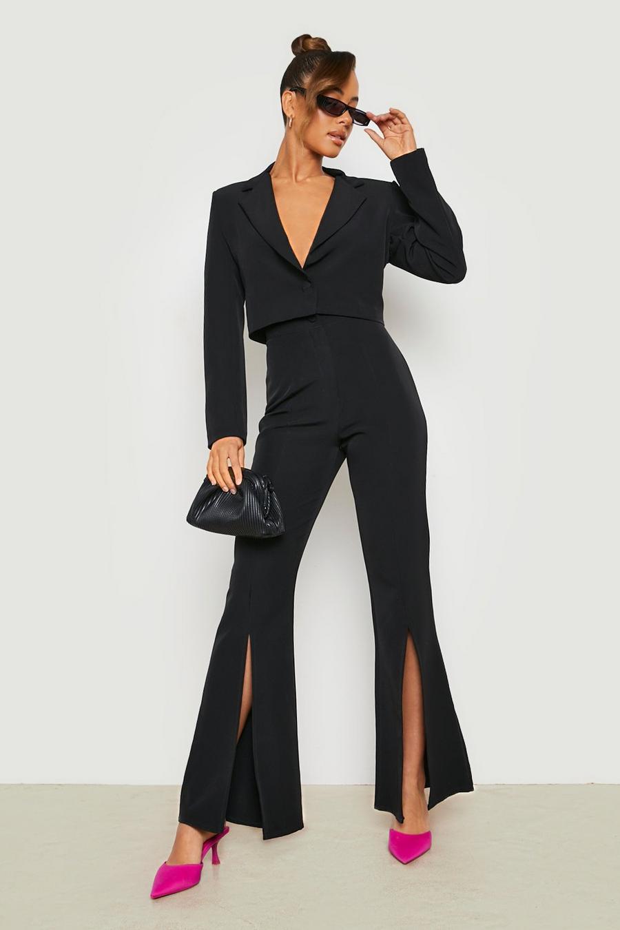 Black Split Front Fit & Flare Tailored Trousers image number 1