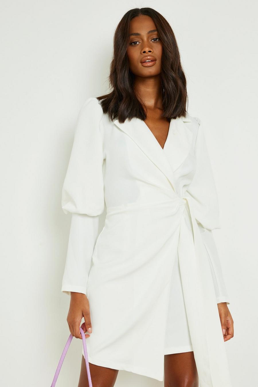 Ivory white Volume Sleeve Bow Side Blazer Dress