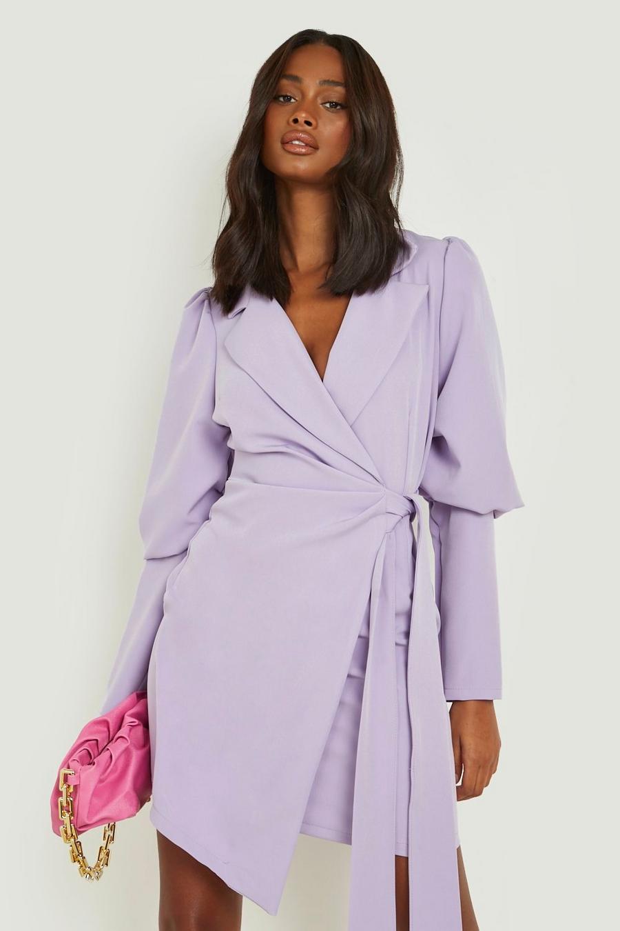 לילך purple שמלת בלייזר עם קשירה בצד ושרוולים בעלי נפח