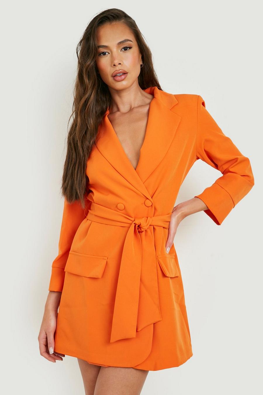 Orange Obi Tie Waist Turn Cuff Blazer Dress 