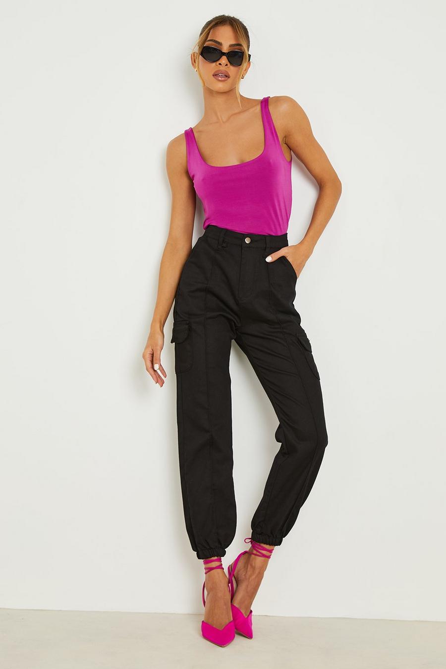 Black High Waisted Casual Woven Cargo Pants image number 1