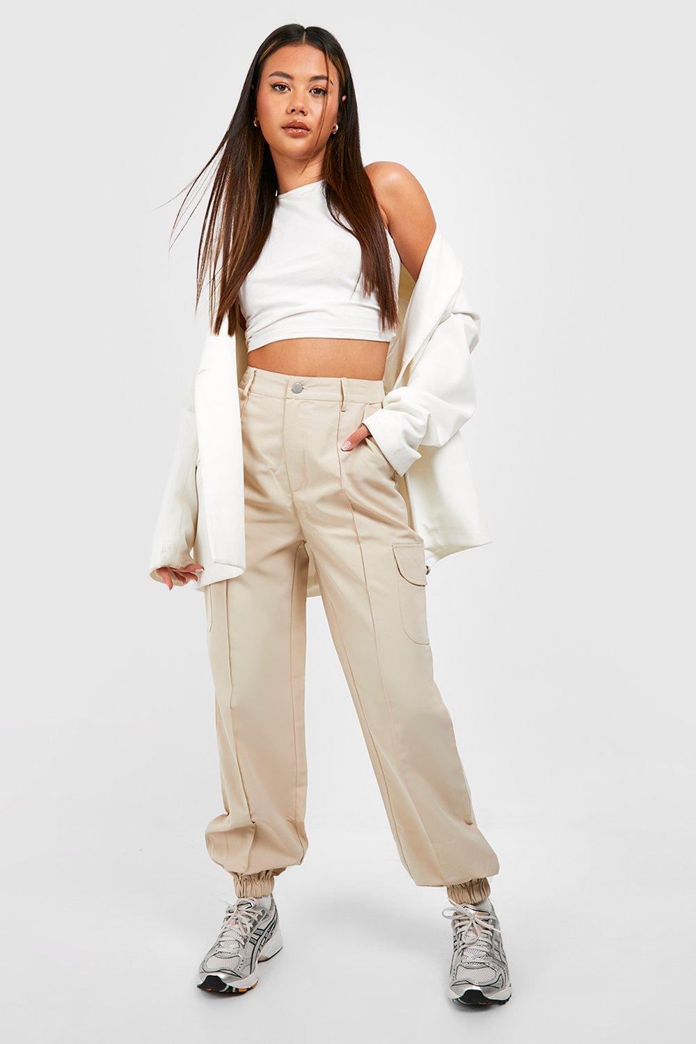 Boohoo Synthetic V Waist Cargo Trousers in Cream Womens Clothing Trousers - Save 18% Slacks and Chinos Cargo trousers Natural 