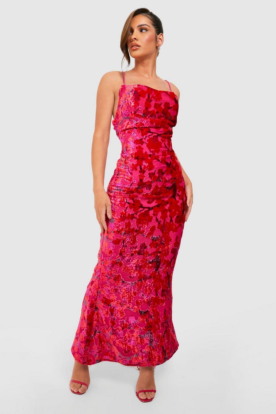 Hot pink rose Devore Cowl Neck Maxi Dress