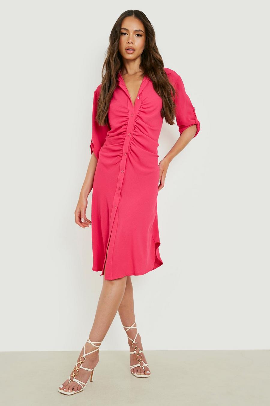 Pink Ruched Front Midi Shirt Dress image number 1