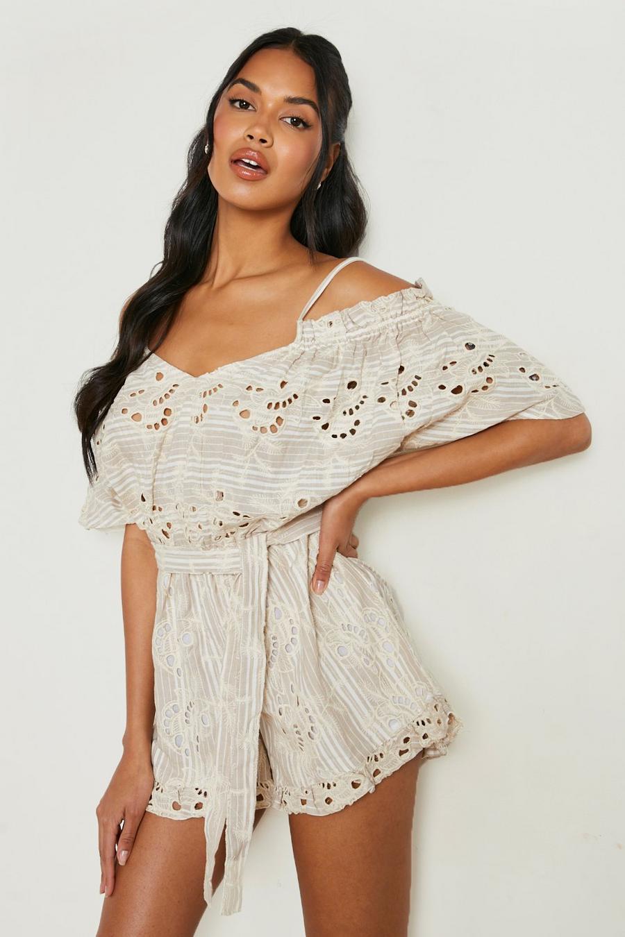 Cream white Broderie Cold Shoulder Playsuit