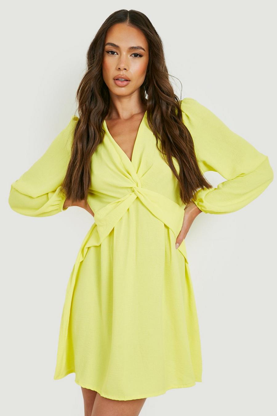 Yellow Long Sleeve Twist Front Skater Dress image number 1