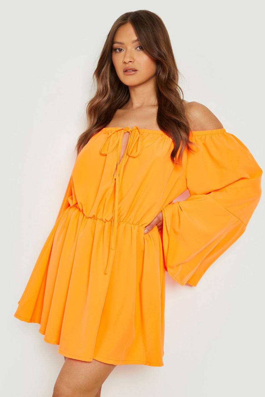Orange Off The Shoulder Flare Sleeve Skater Dress