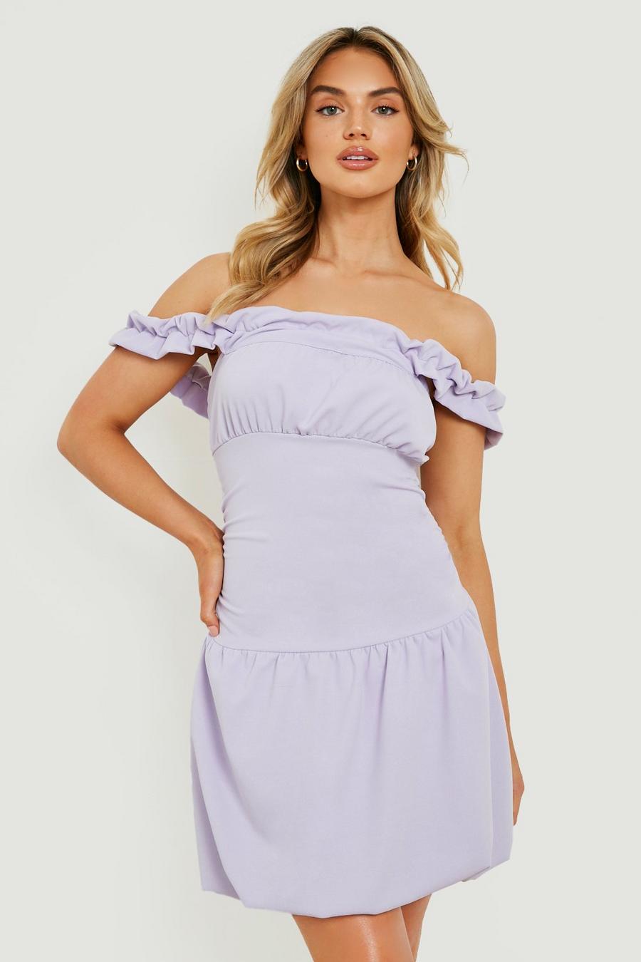 Lilac Off The Shoulder Ruched Bust Mini Dress