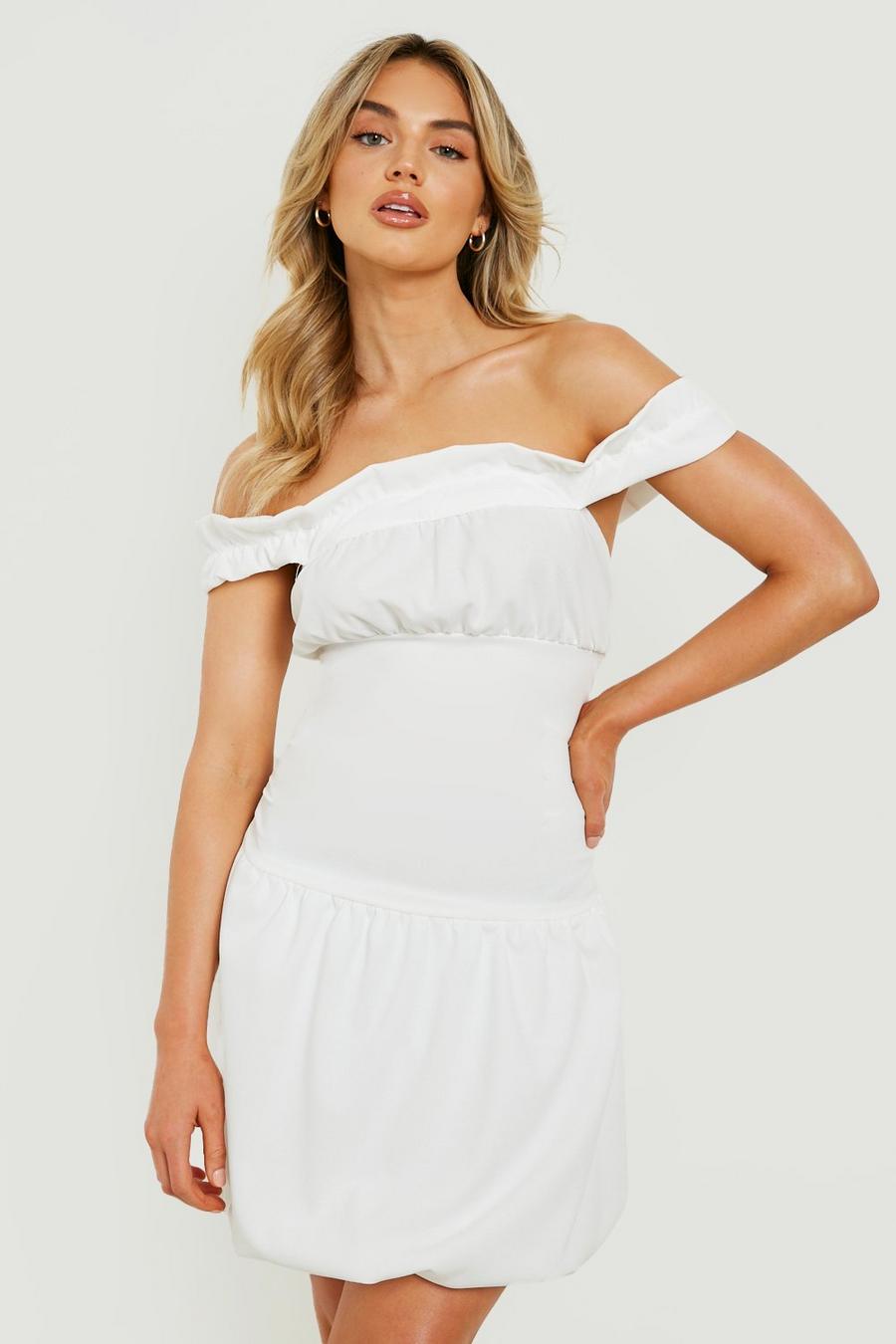 White Kort off shoulder-klänning med rynkade detaljer image number 1
