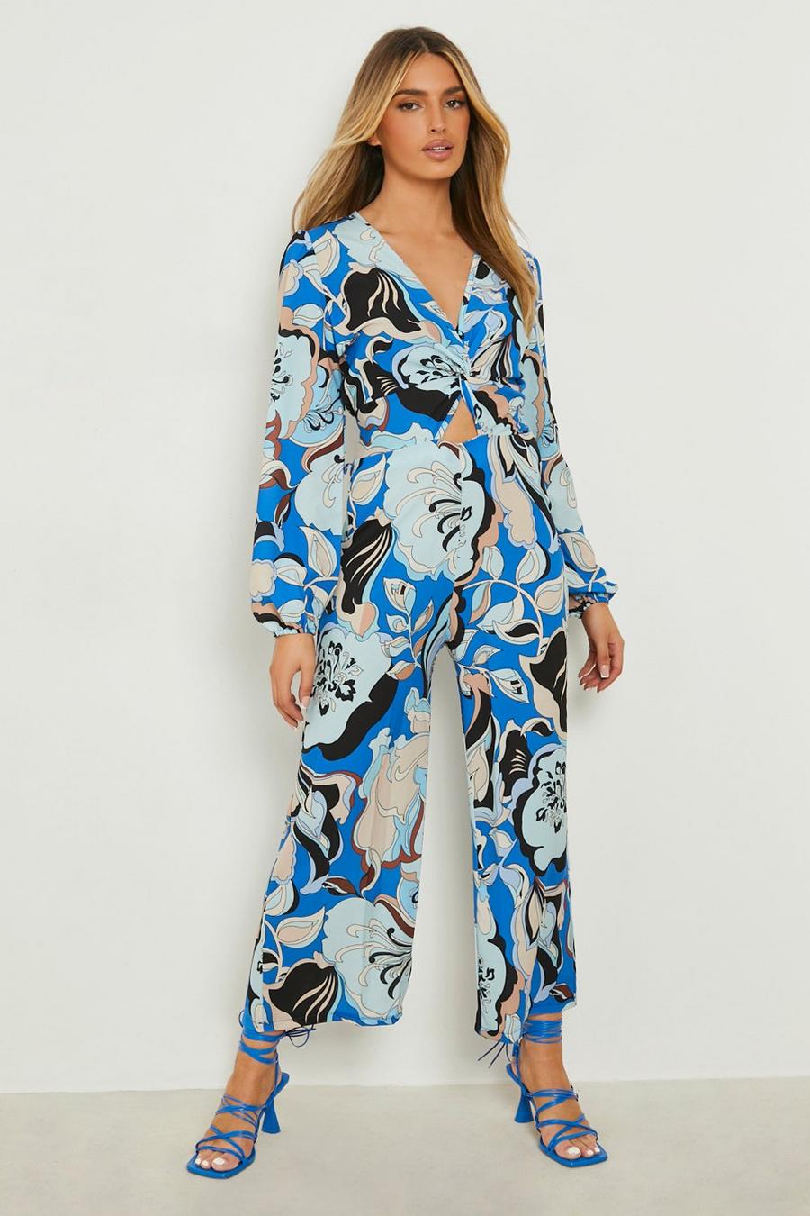 Blue Printed Twist Front Culotte Jumpsuit