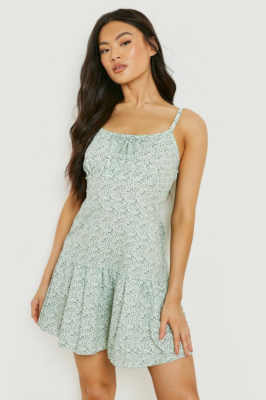 Green Ditsy Floral Bust Detail Playsuit
