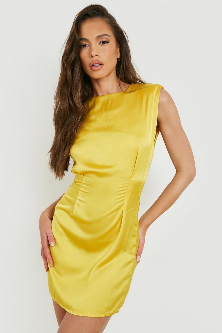 צהוב שמלת מיני מסאטן עם כריות כתפיים image number 1