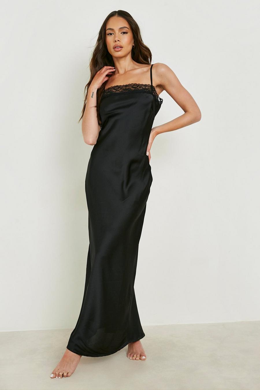 Black Satin Lace Trim Maxi Slip Dress