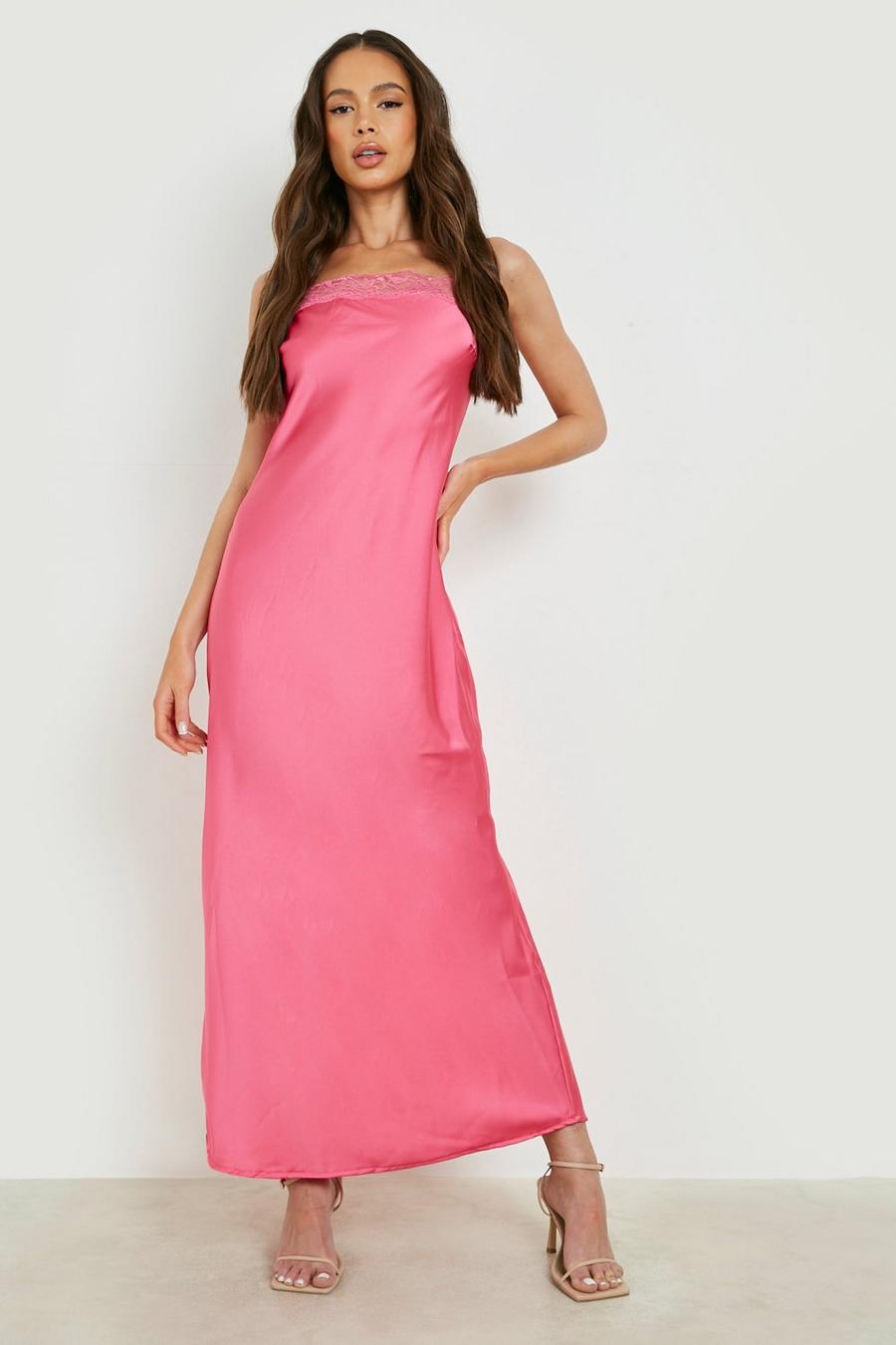 Pink Satin Lace Trim Maxi Slip Dress image number 1