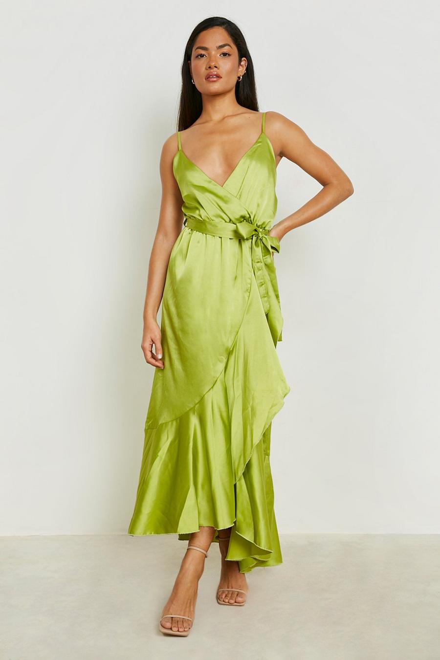 Green Satin Strappy Belted Maxi Skater Dress