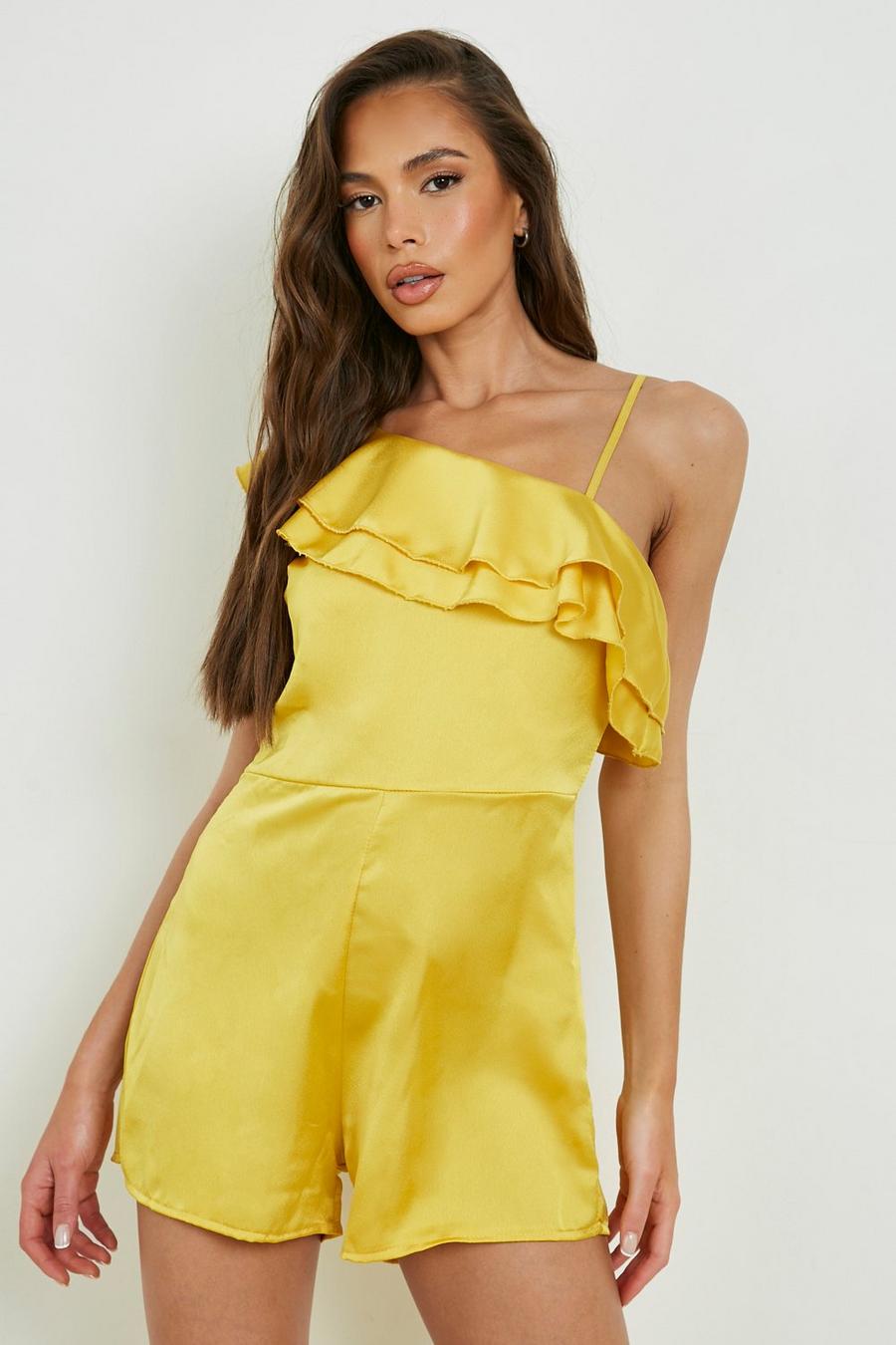 Yellow Satin Ruffle One Shoulder Playsuit image number 1