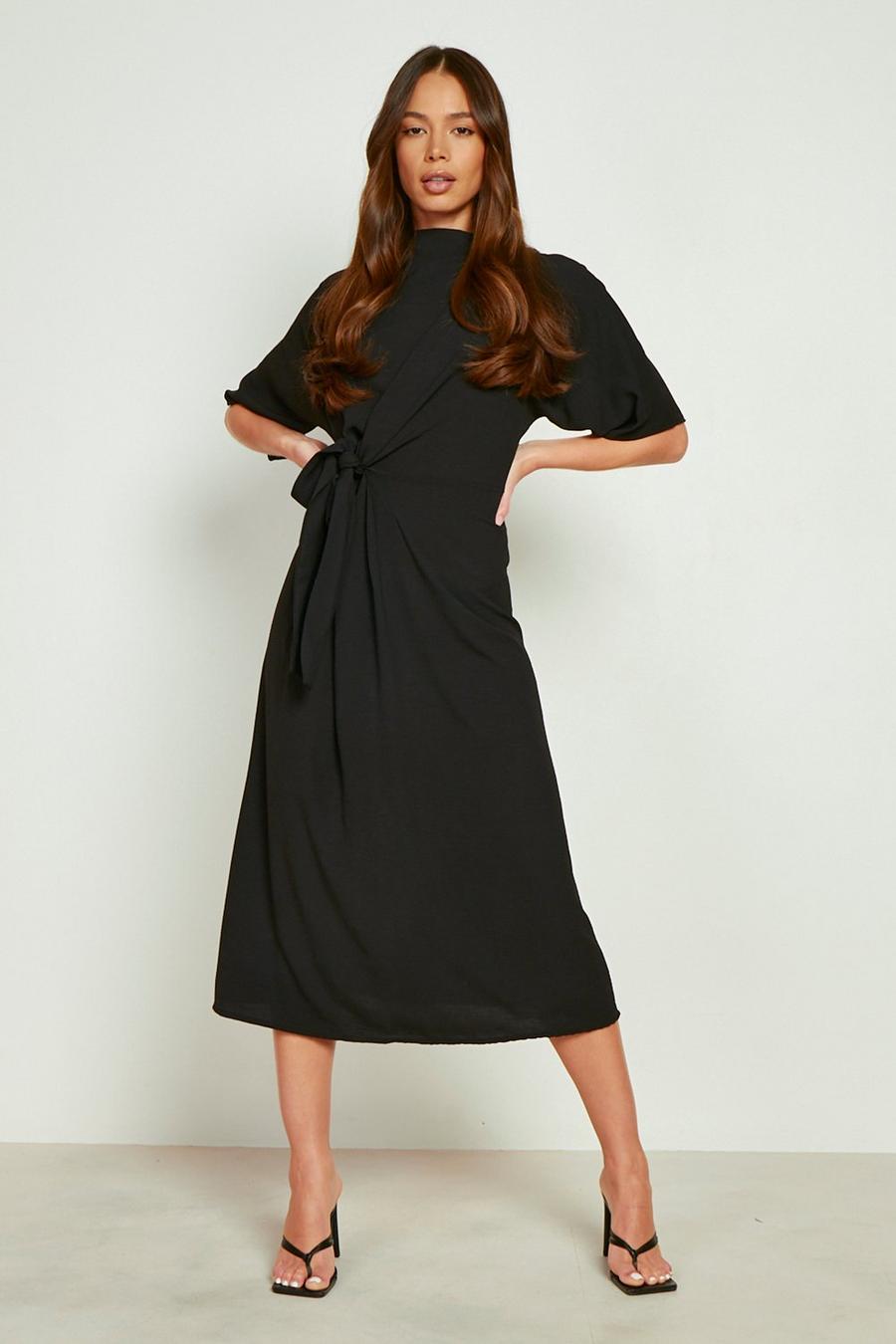 Black Textured Knot Front Cowl Neck Midi Dress image number 1