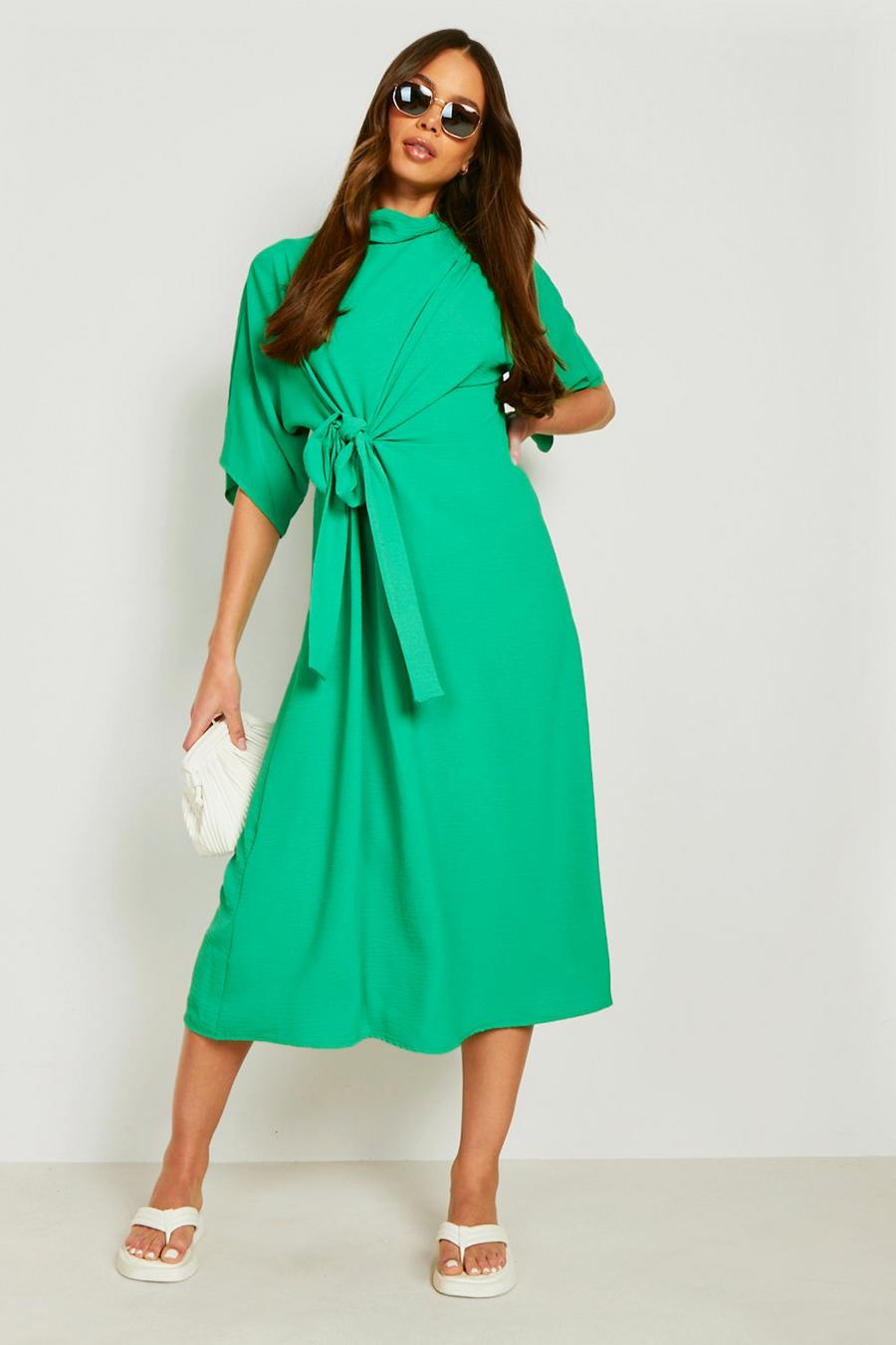 Emerald green Textured Knot Front Cowl Neck Midi Dress