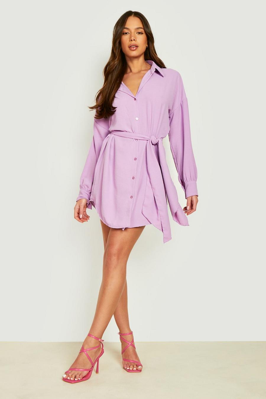 Lilac Textured Drape Tie Front Shirt Dress  image number 1
