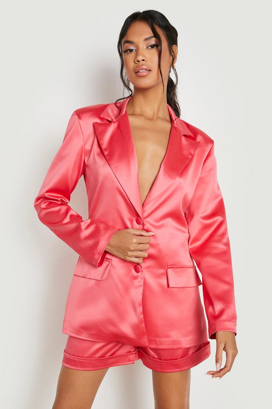 Hot pink rosa Satin Fitted Tailored Blazer