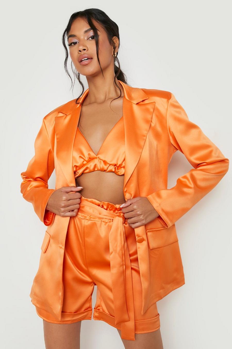 Orange Satin Fitted Tailored Blazer image number 1