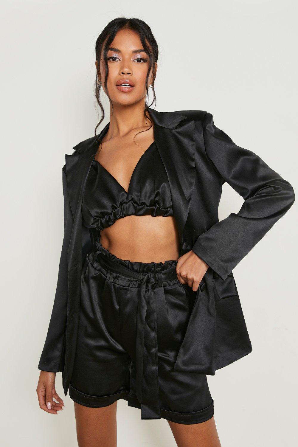 Black Satin Paperbag Waist Tailored Shorts 