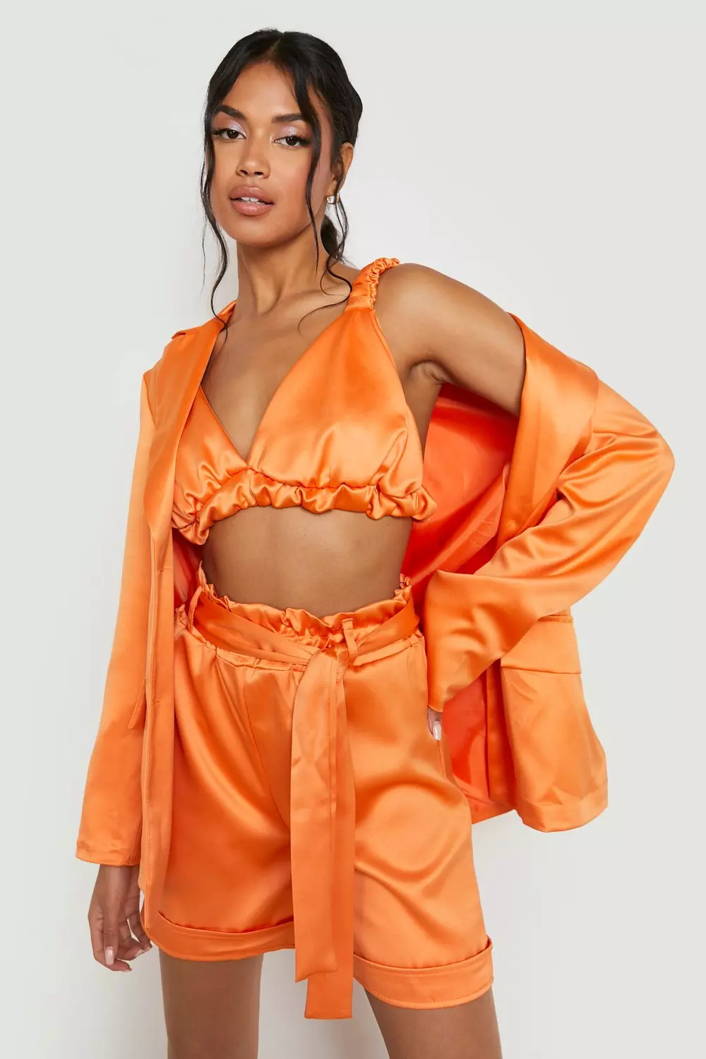 Satin Fitted Tailored Blazer, Ruched Strappy Satin Bralette & Satin  Paperbag Waist Tailored Shorts