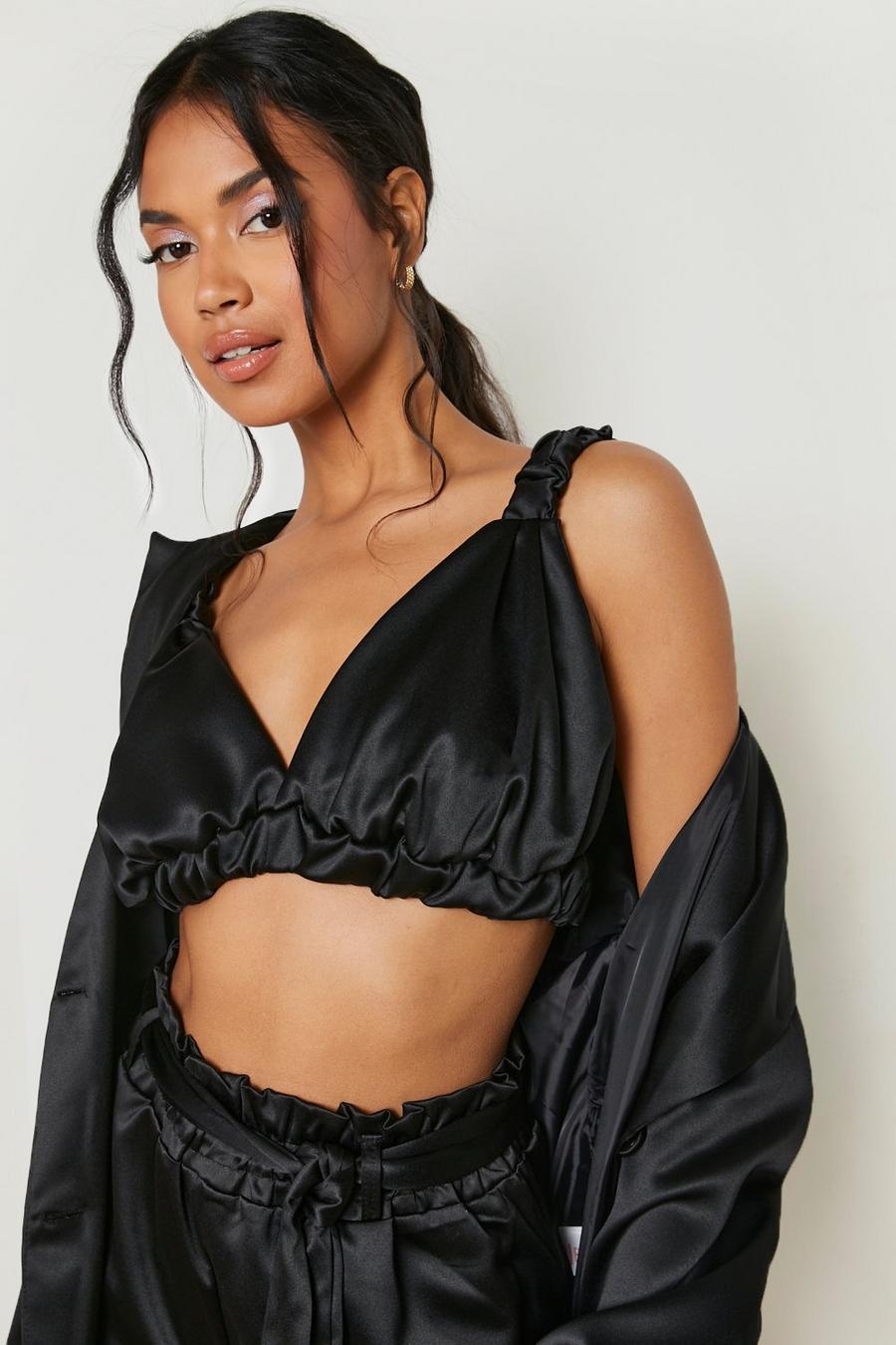 Black Ruched Strappy Satin Bralettete image number 1