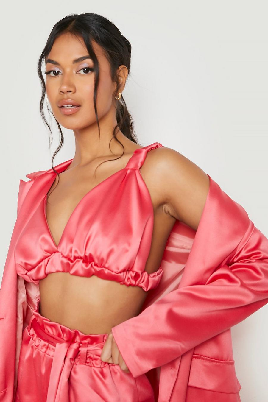 Bralette in raso con ruches e spalline, Hot pink image number 1