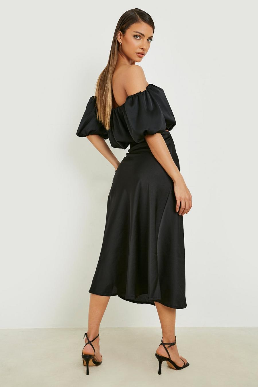 Black Satin Bardot Crop & Midi Slip Skirt 