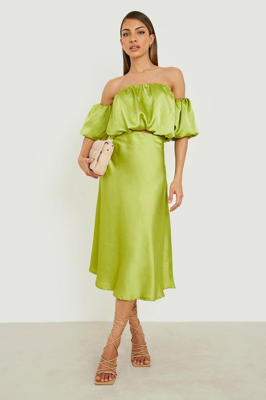 Chartreuse Satin Off The Shoulder Crop & Midi Slip Skirt image number 1