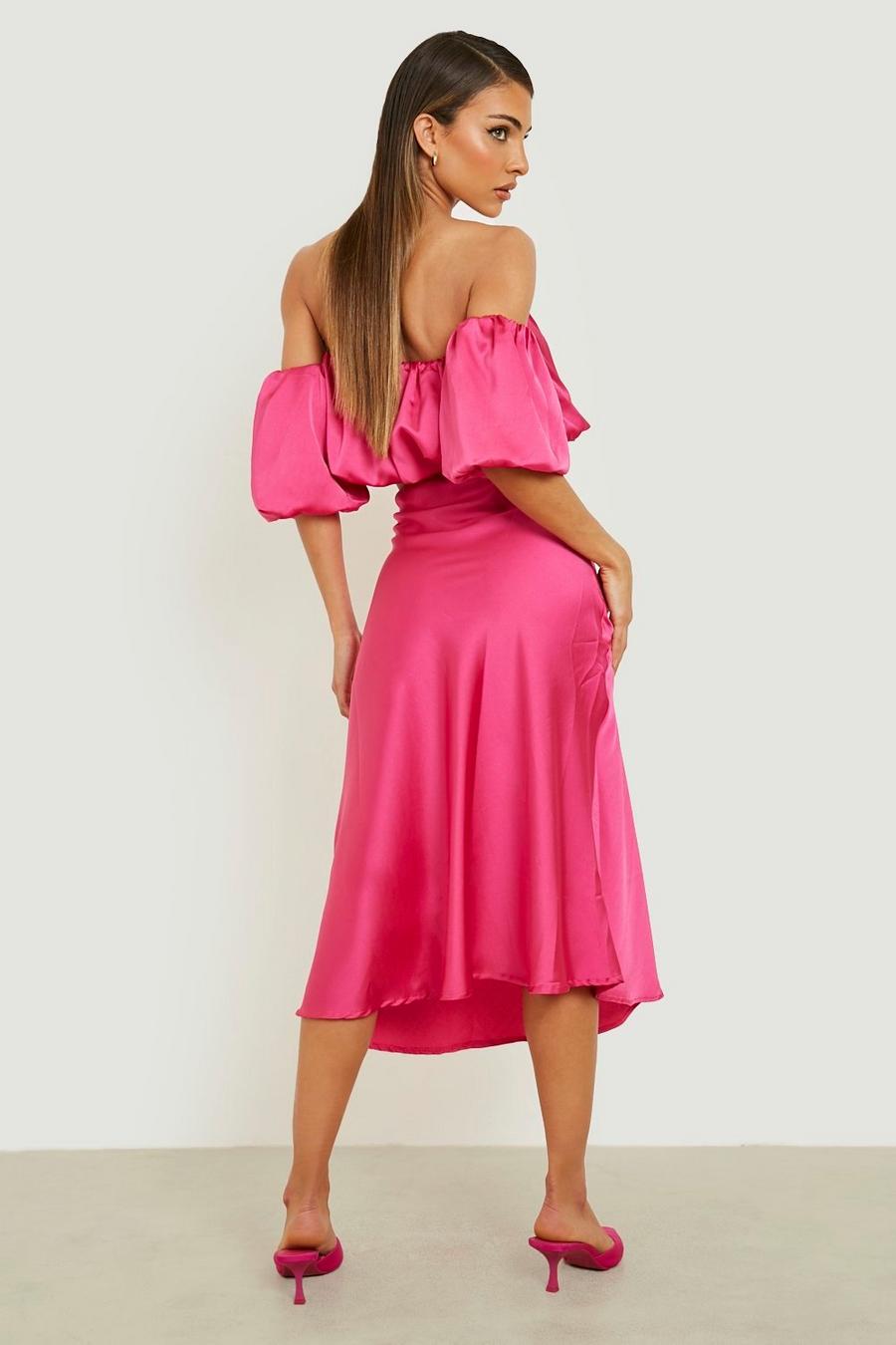 Hot pink Satin Bardot Crop & Midi Slip Skirt 