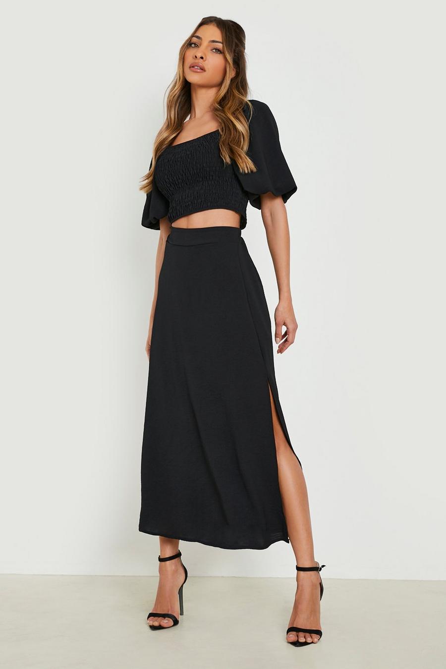 Black Textured Shirred Crop & Midi Skirt  image number 1