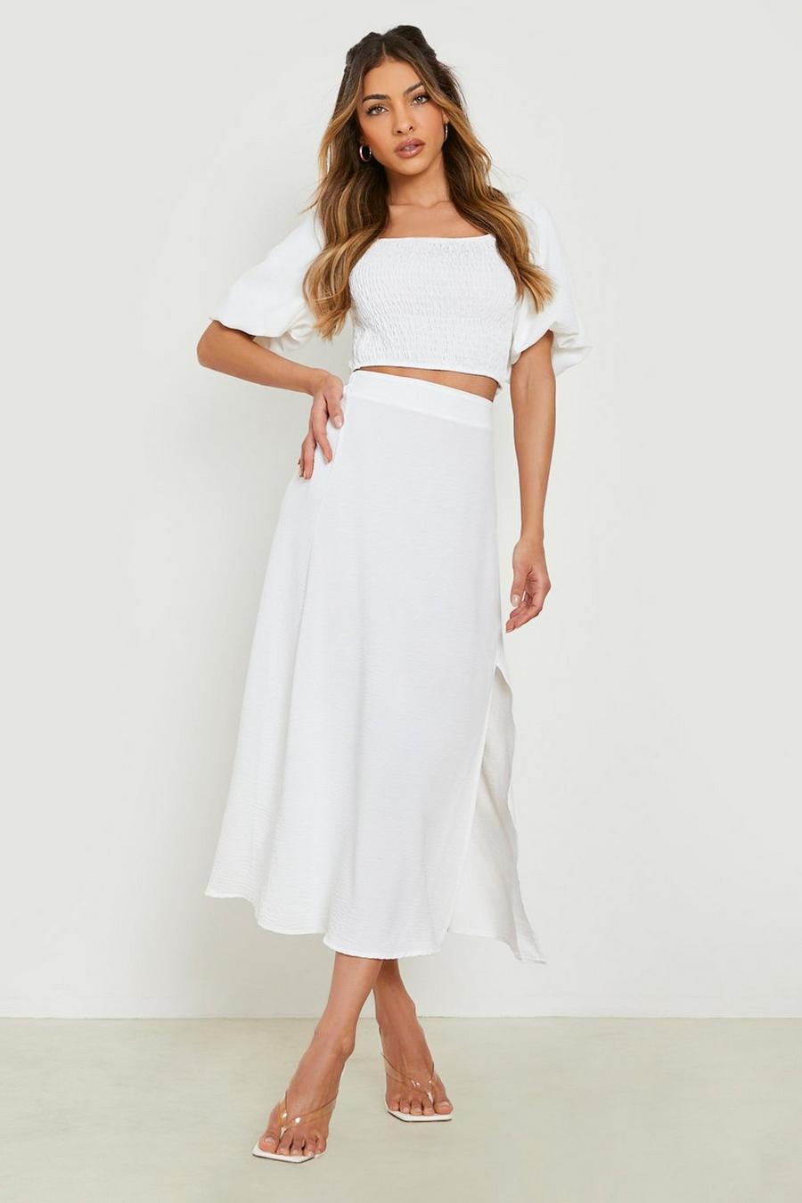 Ivory white Textured Shirred Crop & Midi Skirt 
